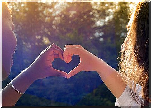 Female friends making a heart shape with their hands