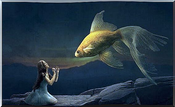 girl telling a fish take your time