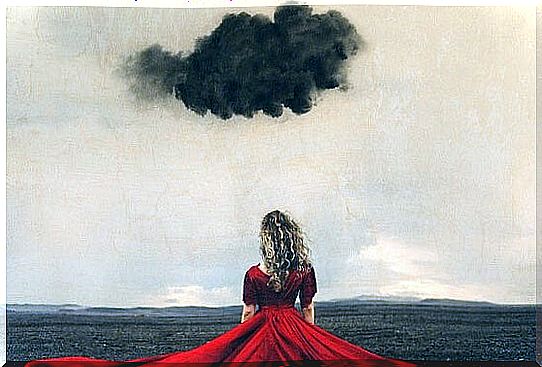 cloud over girl with red dress symbolizing the art of take your time