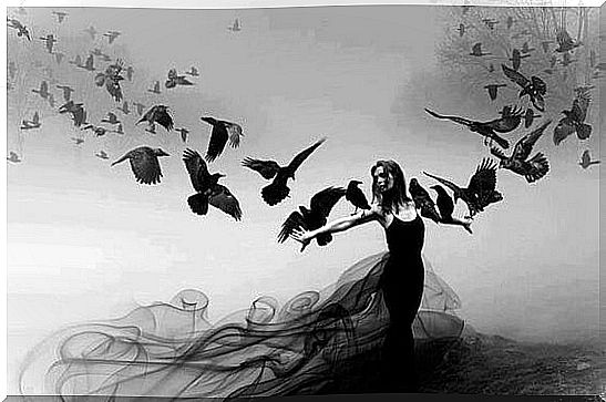 woman with crows fleeing conflict