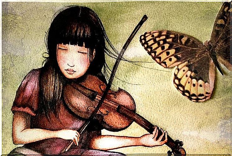 girl with violin and butterfly