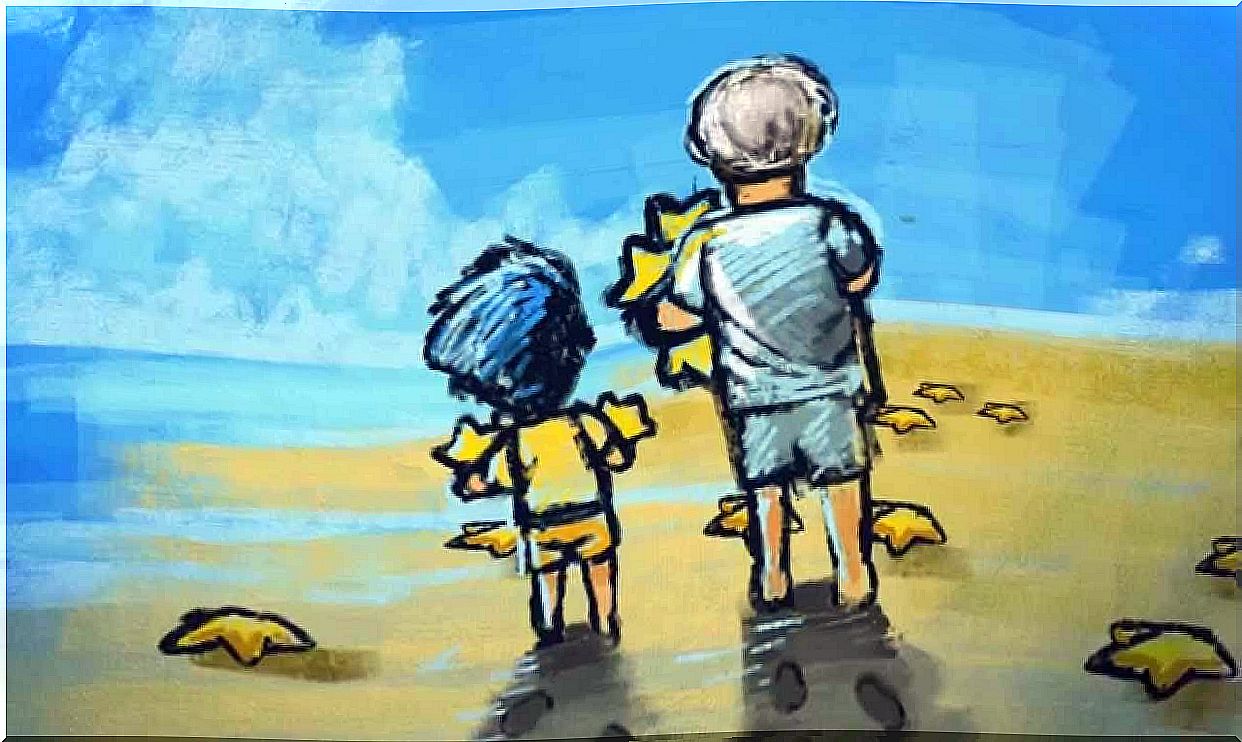 boy with his father collecting starfish and telling him a legend